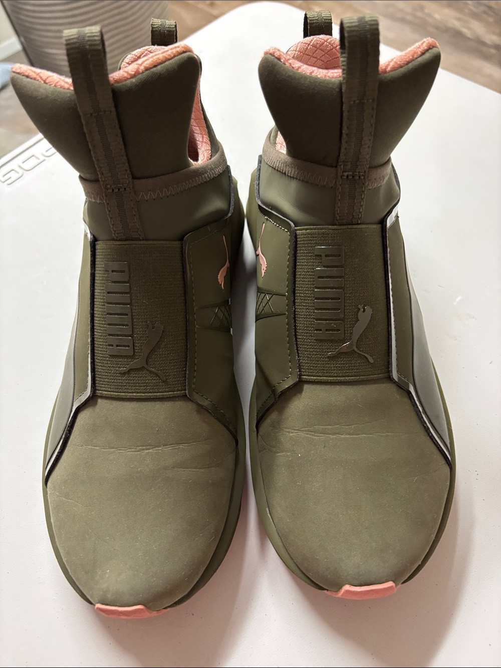 Puma women’s Olive Green Slip-On Athletic Shoes with Pink Trim